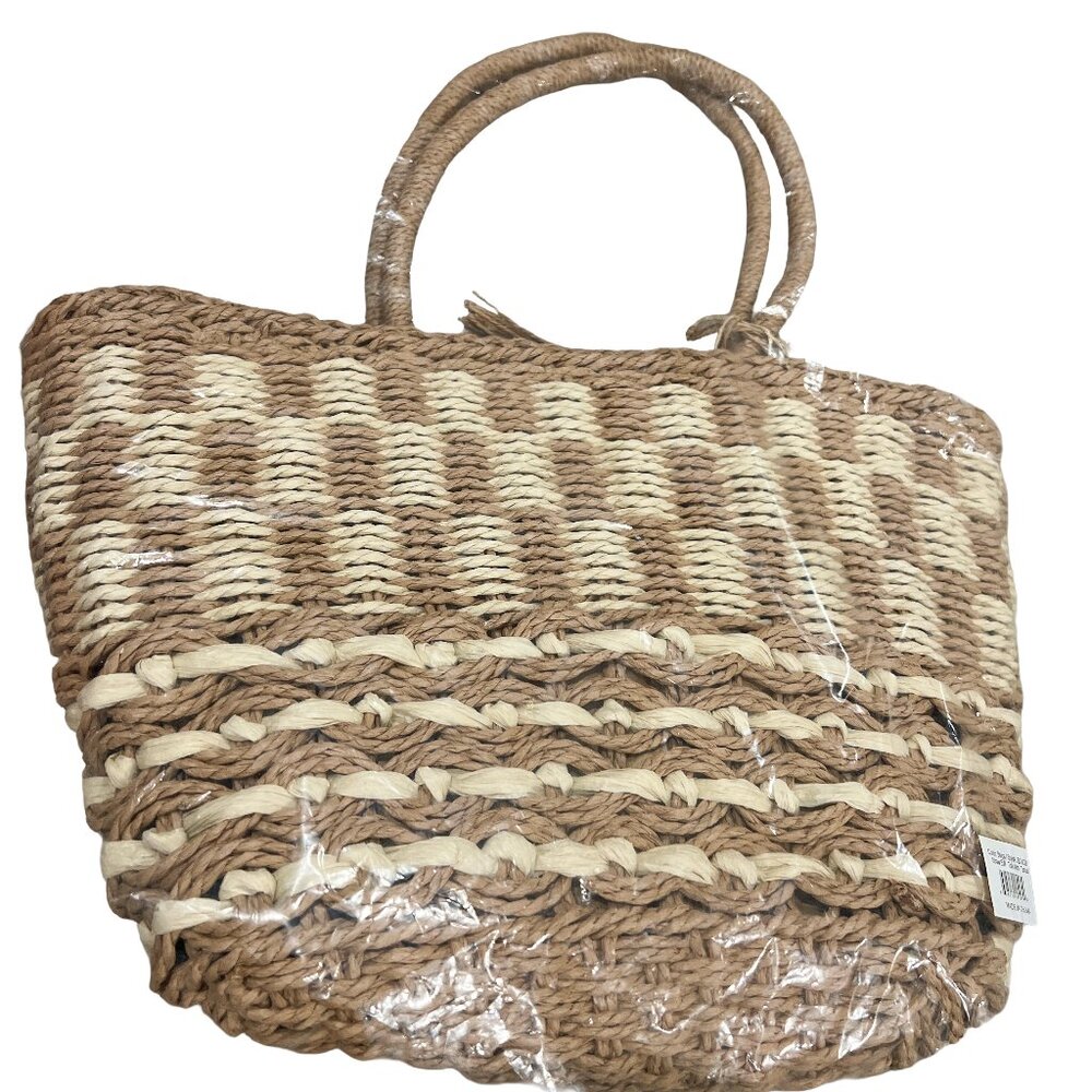 NWT Julia Buxton Natural Duo-Tone Beige Camel Straw Tote With Tassel Handbag